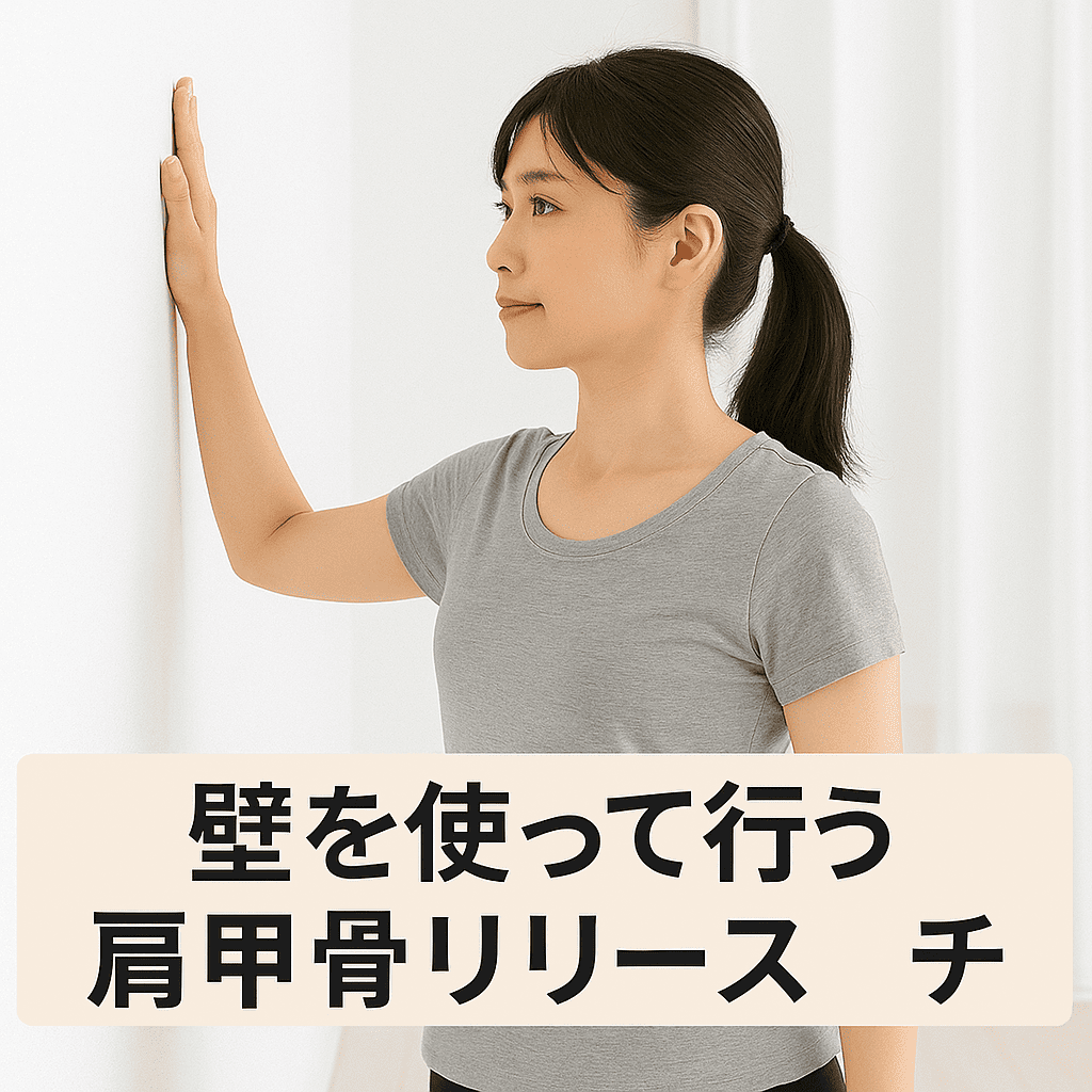 壁に手をついて肩甲骨まわりをじんわり伸ばしている女性