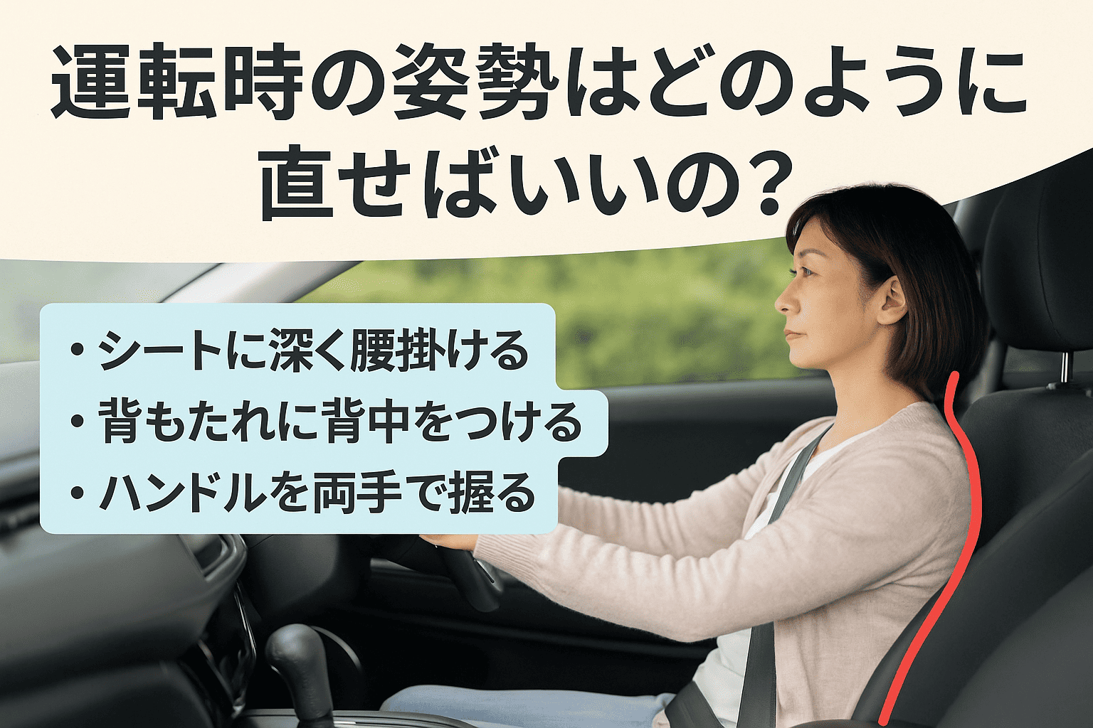 正しい姿勢で運転している女性。背筋を伸ばし、シートにしっかり腰掛けた状態。
