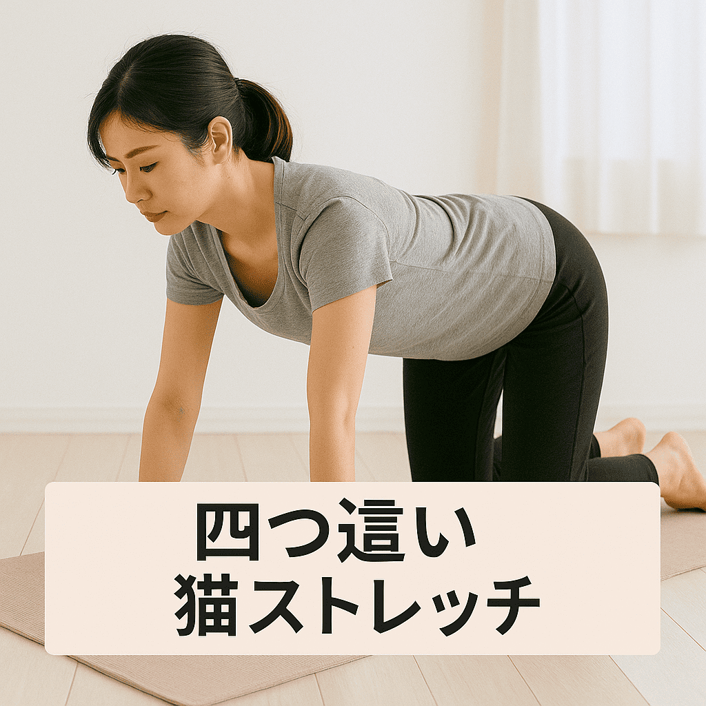 四つ這い姿勢で背中を丸めたり反らせたりしている女性のストレッチ風景