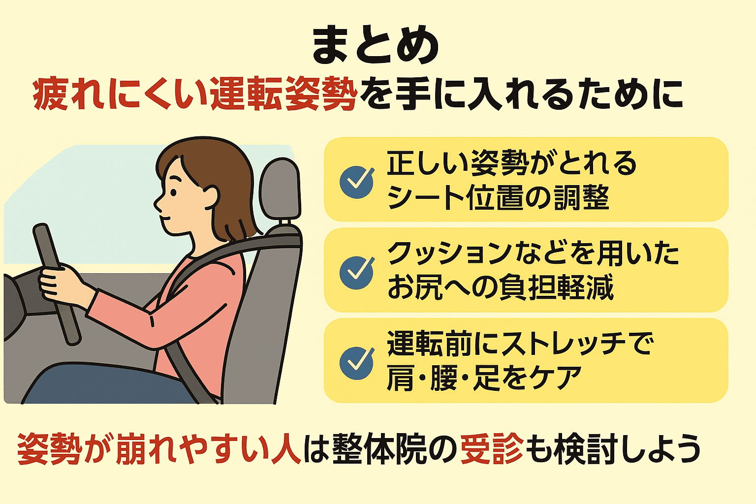 正しい姿勢で運転する女性と、シート調整・クッション使用・ストレッチなど運転疲れを減らすポイントをまとめた日本語グラフィック。
