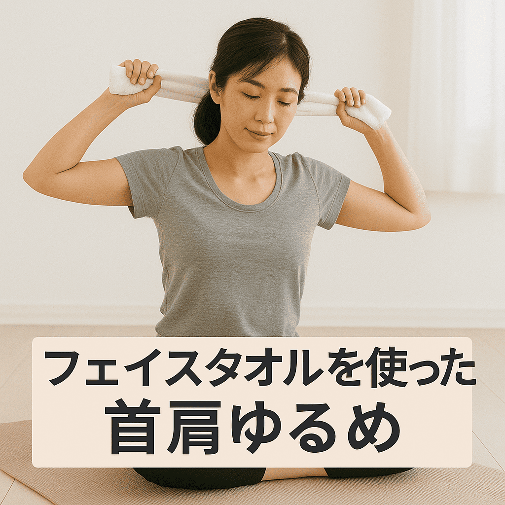 フェイスタオルを使って首から肩にかけて優しくストレッチしている女性