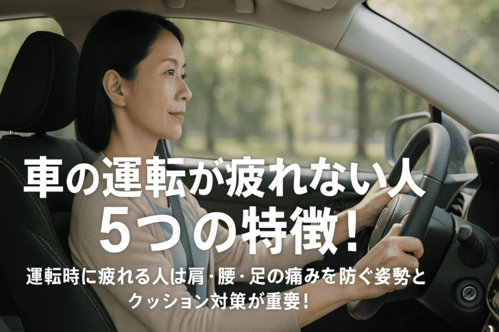 車を運転する中年女性の横顔。肩・腰・足が疲れにくい正しい姿勢で運転している様子。