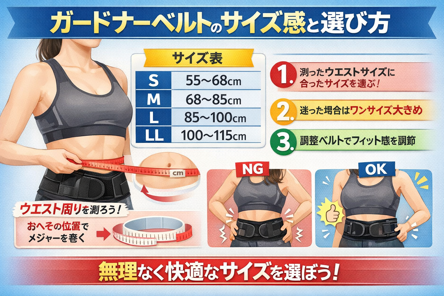 ガードナーベルトのサイズ感と選び方を解説する腰サポートベルトのサイズ表画像