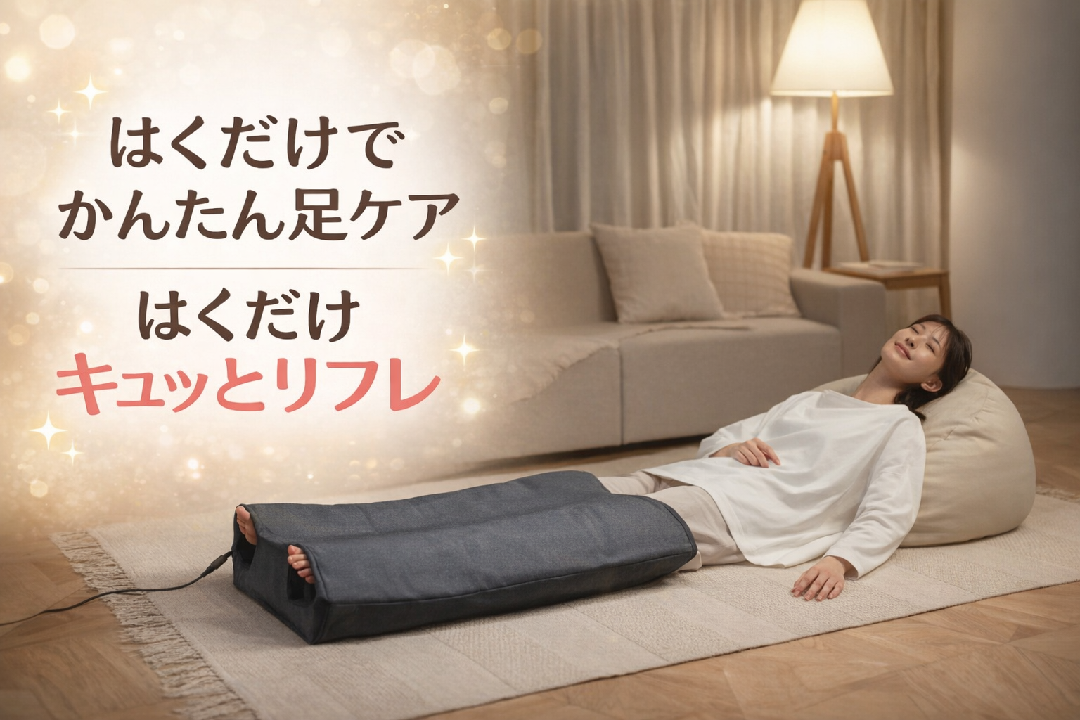 はくだけキュッとリフレを使って足のむくみケアをしている女性のイメージ