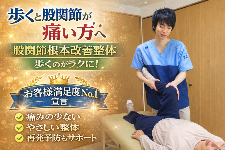 札幌市厚別区ひばりが丘の整体かいろはすで行う股関節痛改善整体の施術風景