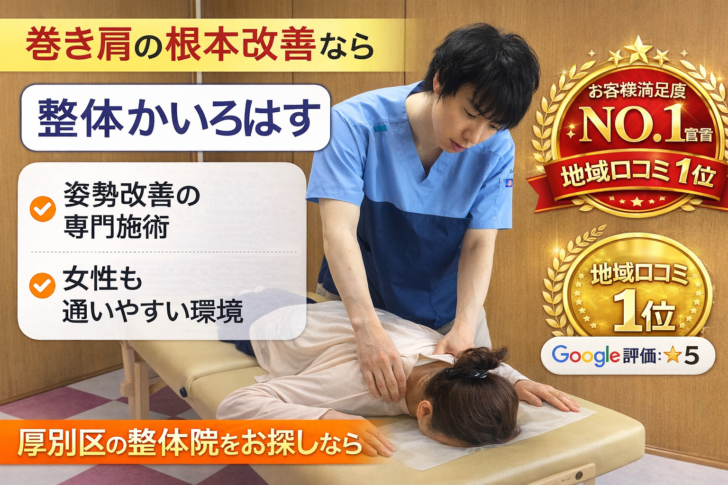 札幌市厚別区の整体かいろはすによる巻き肩改善の施術風景と口コミ評価No1の整体院バナー