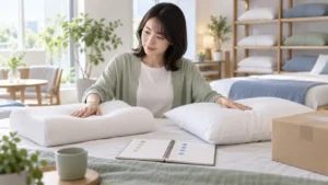 寝具売り場で形の異なる二つの枕を手で確かめて比較する女性