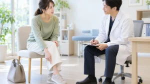 足裏の症状を医師へ落ち着いて相談する女性