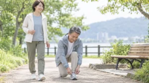 平らな道へ戻る前に靴ひもを確認する男女