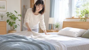 枕やマットレスなど寝室環境を確認する女性