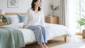 ベッドの端に座り首を動かさず落ち着いて起き上がる女性