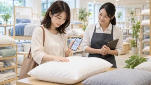 寝具売り場で枕と購入条件をスタッフと比較する女性