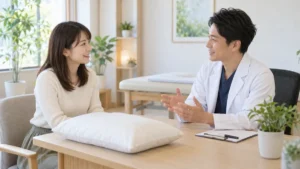 枕を持参して首の状態を医師へ相談する女性