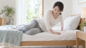 横向きから手で体を支えてベッドを起き上がる女性