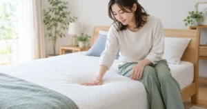 明るい寝室でマットレス中央の沈み込みを手で確かめる女性