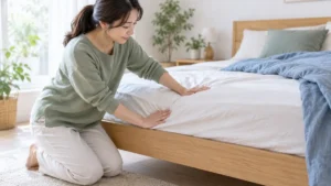 マットレスのお尻付近とベッドの土台を手で点検する女性