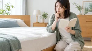 マットレスのへたりを見ながらノートで次の行動を考える女性