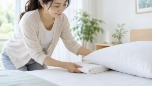 薄いタオルを枕の下へ重ねて高さを調整する様子