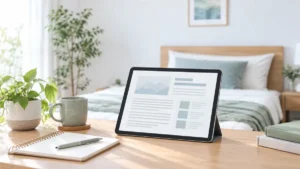 寝具と背中の健康に関する参考情報をタブレットで確認する机上