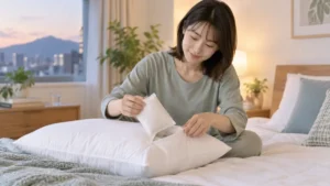 枕の中材を少量ずつ調整して試す女性