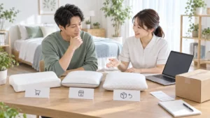 枕の購入先と返品条件を確認する男女