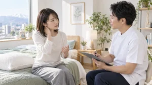 首の違和感について医療従事者へ相談する女性