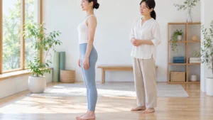 専門家と一緒に無理のない骨盤の中間位置を確認する様子